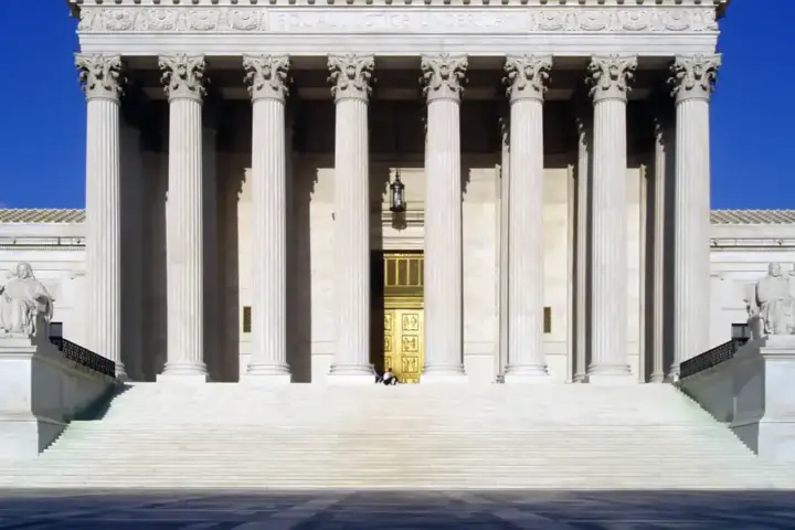 Marble columns and entrance steps at the United States Supreme Court building in Washington DC