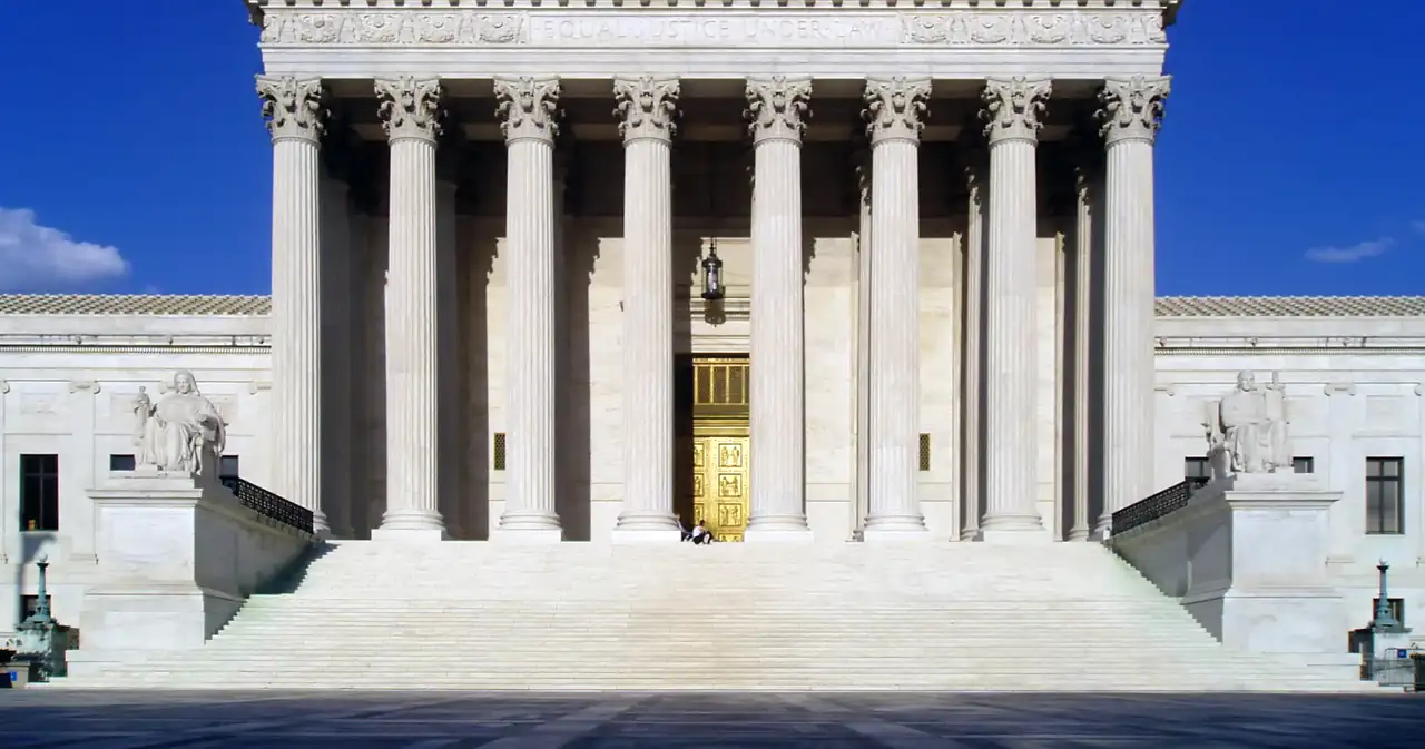 Marble columns and entrance steps at the United States Supreme Court building in Washington DC