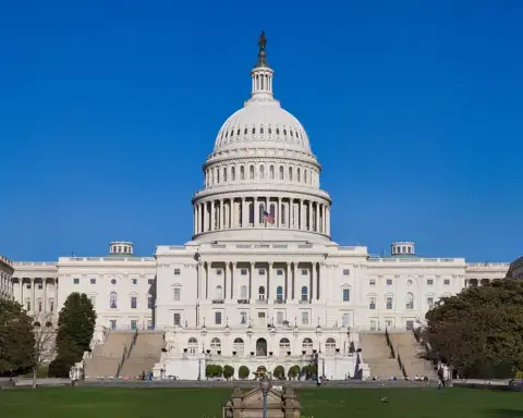 Full view of the United States Capitol west front and dome on Capitol Hill in Washington DC