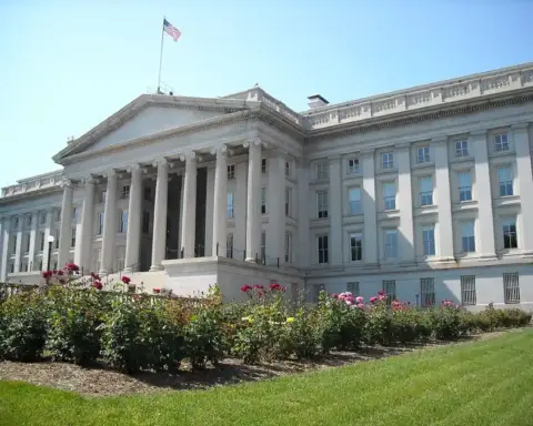 Exterior rear view of the neoclassical United States Department of the Treasury building in Washington DC