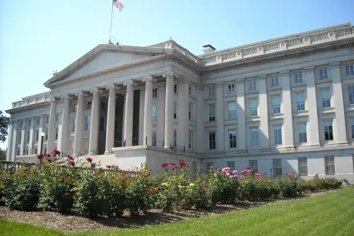 Exterior rear view of the neoclassical United States Department of the Treasury building in Washington DC