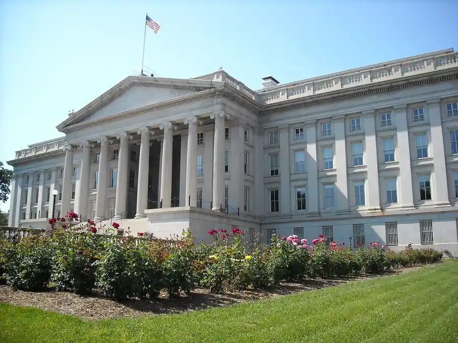 Exterior rear view of the neoclassical United States Department of the Treasury building in Washington DC