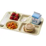 Cafeteria lunch tray featuring packaged shelf-stable milk cartons and breakfast items