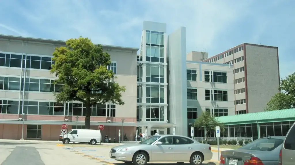 Front facade of the Social Security Administration national headquarters building in Woodlawn, Maryland.