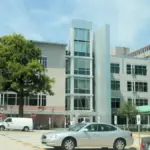 Front facade of the Social Security Administration national headquarters building in Woodlawn, Maryland.