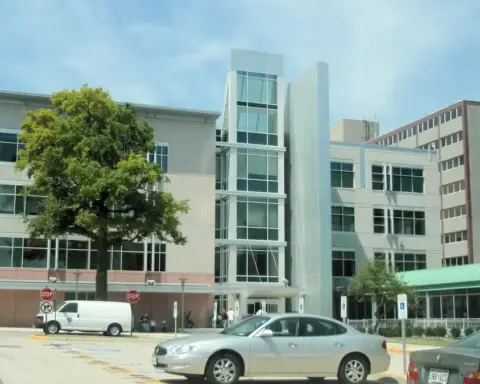 Front facade of the Social Security Administration national headquarters building in Woodlawn, Maryland.