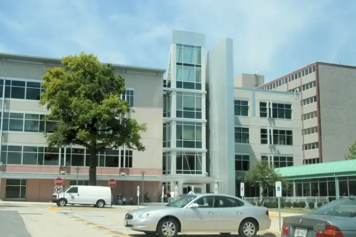 Front facade of the Social Security Administration national headquarters building in Woodlawn, Maryland.