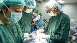 Specialized surgical transplant team performing complex surgery in an operating theater under overhead lights.
