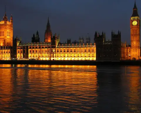 The Palace of Westminster viewed from across the River Thames in London, seat of the UK Parliament.