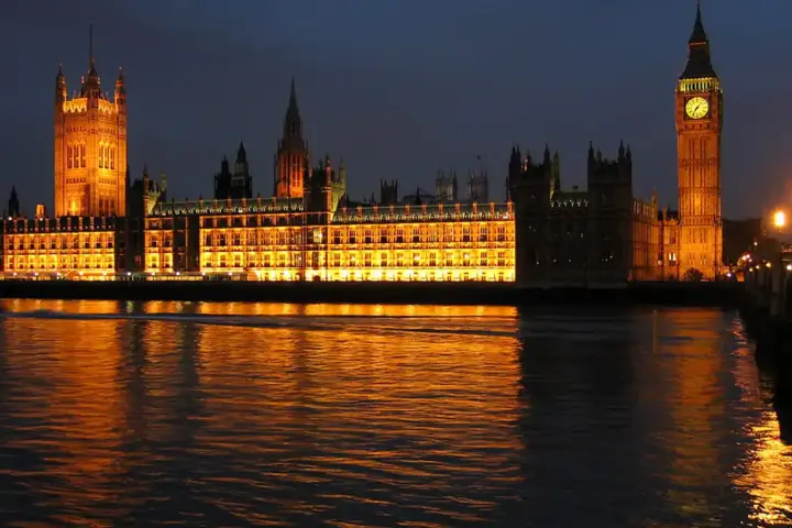 The Palace of Westminster viewed from across the River Thames in London, seat of the UK Parliament.