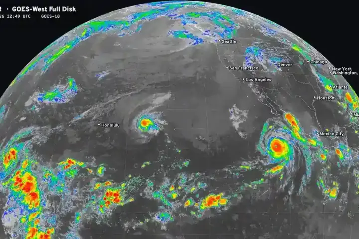 NOAA satellite view of tropical systems over the Pacific Ocean