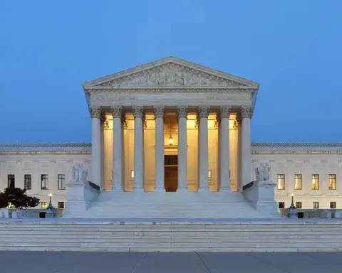 The Neoclassical marble portico and Corinthian columns of the Supreme Court of the United States in Washington, D.C.