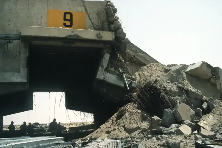 A hardened aircraft shelter at Ali Al Salem Air Base damaged during Operation Desert Storm, the kind of infrastructure loss behind the $37.5B war cost.