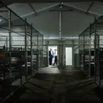Interior view of the Alligator Alcatraz detention facility showing enclosed areas and rows of bunks.