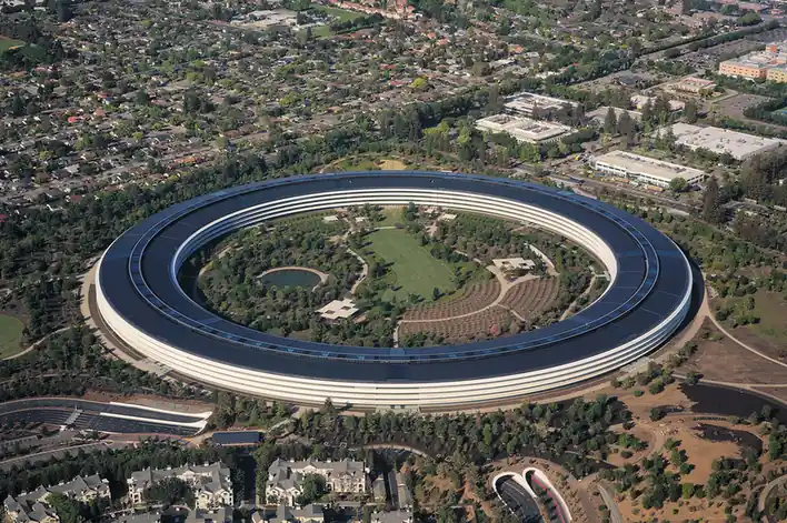Aerial night view of Apple Park in Cupertino, California