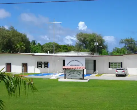 Exterior facade and entrance of the official government legislative complex on Capital Hill in Saipan, Northern Mariana Islands.