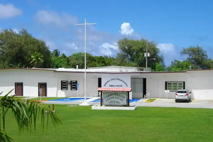 Exterior facade and entrance of the official government legislative complex on Capital Hill in Saipan, Northern Mariana Islands.