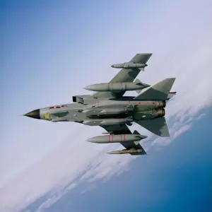 Underside view of a Royal Air Force aircraft in flight carrying two large, grey MBDA Storm Shadow air-launched cruise missiles.