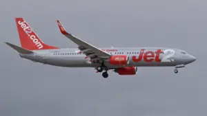 Jet2 Boeing 737 arriving at Tenerife South Airport in the Canary Islands.