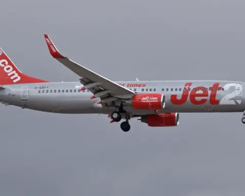 Jet2 Boeing 737 arriving at Tenerife South Airport in the Canary Islands.