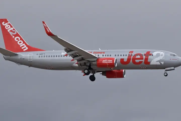 Jet2 Boeing 737 arriving at Tenerife South Airport in the Canary Islands.