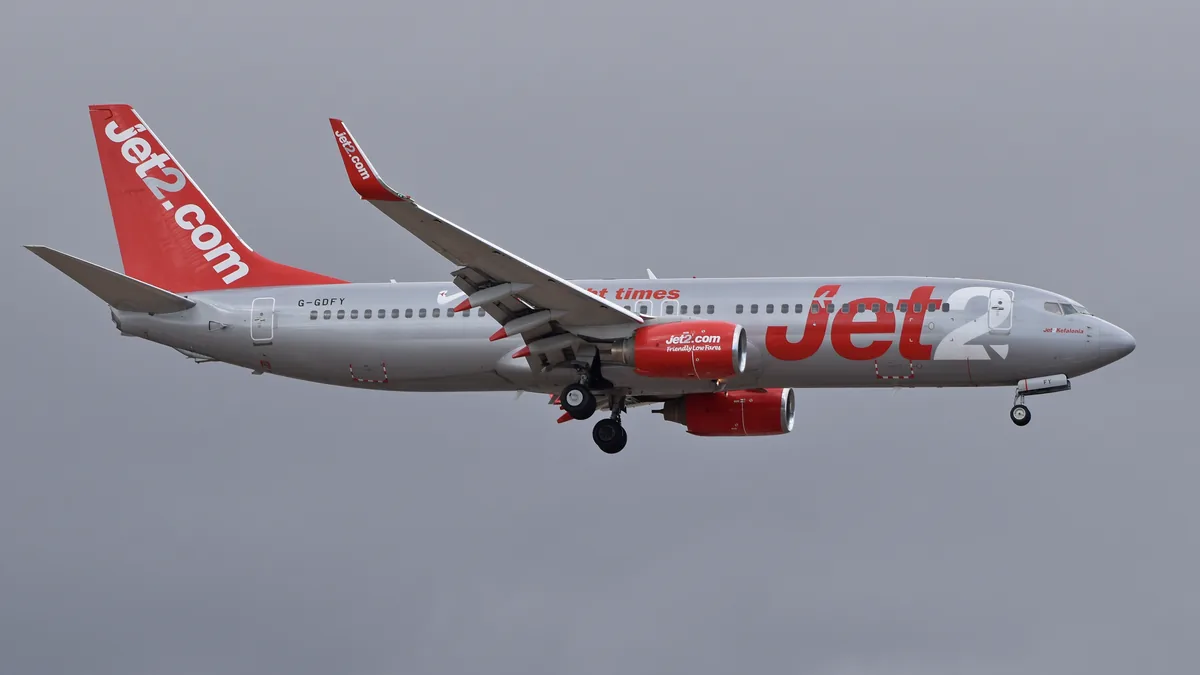 Jet2 Boeing 737 arriving at Tenerife South Airport in the Canary Islands.