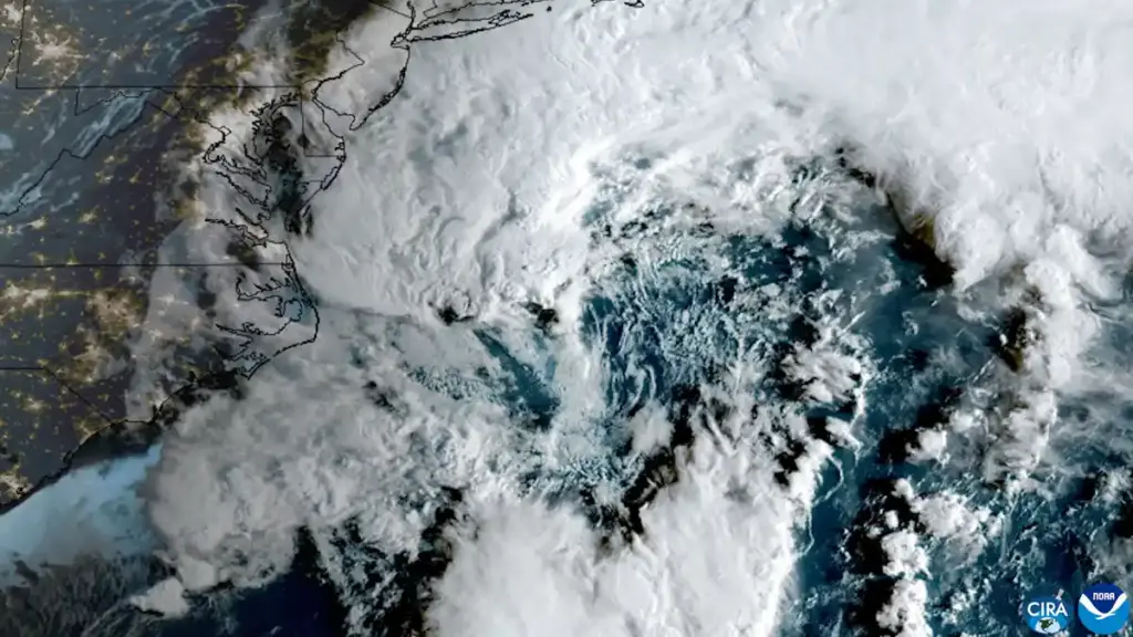 GOES-19 satellite view of an early-season nor'easter developing off the U.S. East Coast.