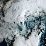GOES-19 satellite view of an early-season nor'easter developing off the U.S. East Coast.