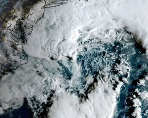GOES-19 satellite view of an early-season nor'easter developing off the U.S. East Coast.