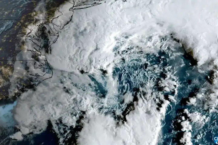 GOES-19 satellite view of an early-season nor'easter developing off the U.S. East Coast.