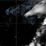 Satellite view of Tropical Storm Gonzalo over the Atlantic Ocean.