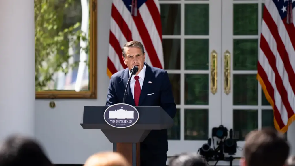 US President Trump at press briefing discussing Gaza refugee relocation plan