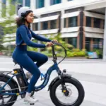 Woman riding an electric bicycle on a city street