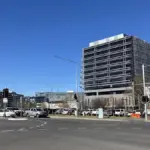 Street-level view of contemporary office buildings in Canberra Civic, the administrative centre of Australia's capital.