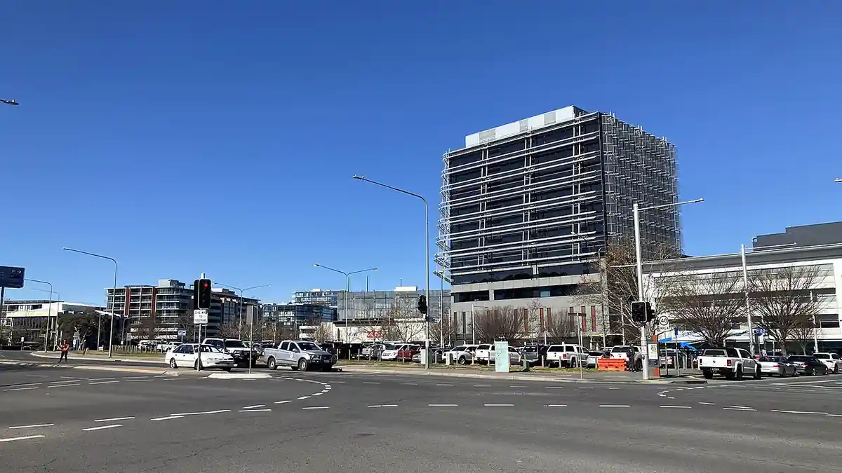 Street-level view of contemporary office buildings in Canberra Civic, the administrative centre of Australia's capital.