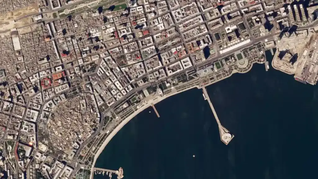 Satellite view of the Baku City Circuit race track used for the Azerbaijan Grand Prix in the capital of Azerbaijan.