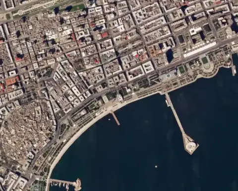 Satellite view of the Baku City Circuit race track used for the Azerbaijan Grand Prix in the capital of Azerbaijan.