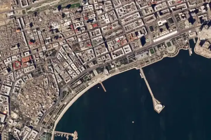 Satellite view of the Baku City Circuit race track used for the Azerbaijan Grand Prix in the capital of Azerbaijan.