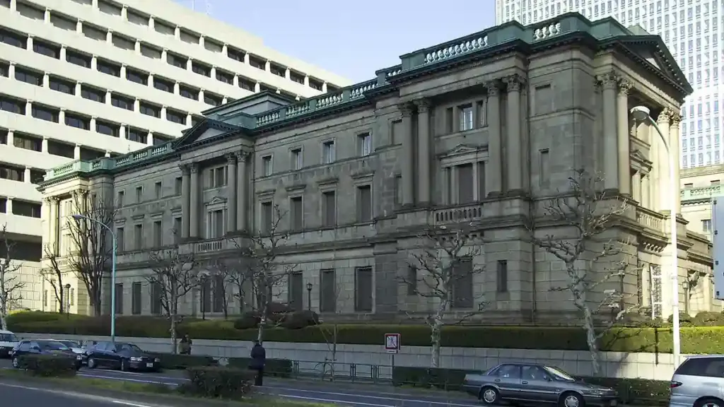 Neo-baroque stone exterior of the Bank of Japan head office building in the Nihonbashi district of Tokyo, Japan.