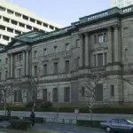 Neo-baroque stone exterior of the Bank of Japan head office building in the Nihonbashi district of Tokyo, Japan.