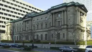Neo-baroque stone exterior of the Bank of Japan head office building in the Nihonbashi district of Tokyo, Japan.