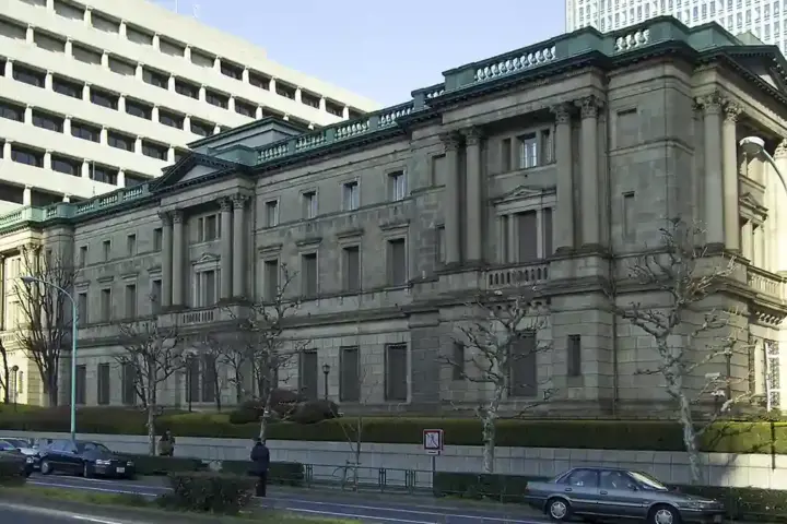 Neo-baroque stone exterior of the Bank of Japan head office building in the Nihonbashi district of Tokyo, Japan.