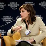 Journalist and television anchor Maria Bartiromo speaking during a panel discussion