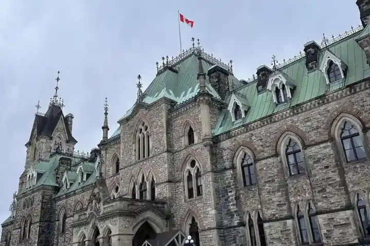 Exterior view of Parliament Hill government complex in Ottawa, Ontario