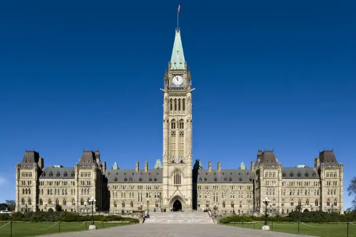 Centre Block of Parliament Hill in Ottawa, the main building of the Canadian Parliament and a symbol of federal government architecture in Canada.