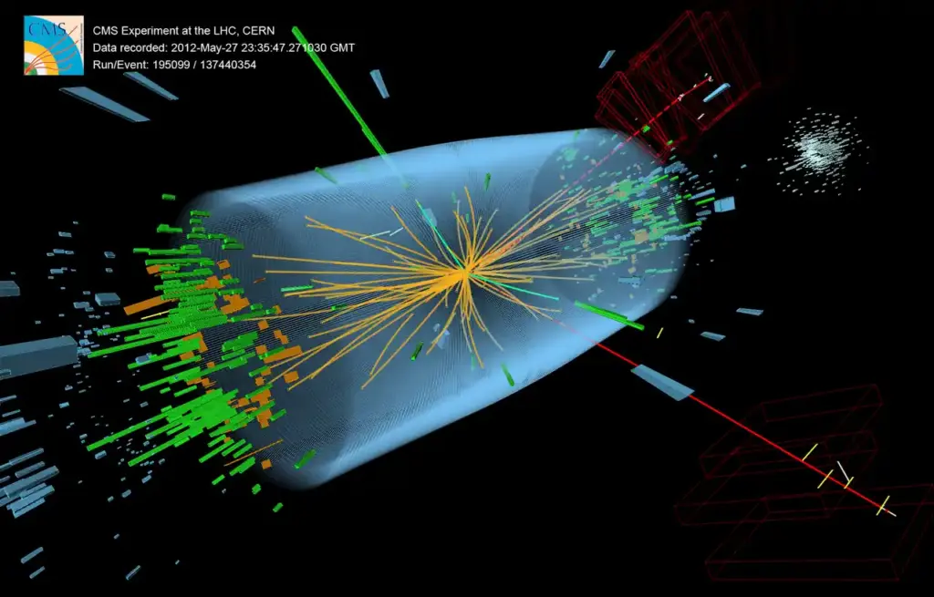 A CMS event display from CERN showing evidence of Higgs boson decay, the research now finding Z-boson quantum entanglement.