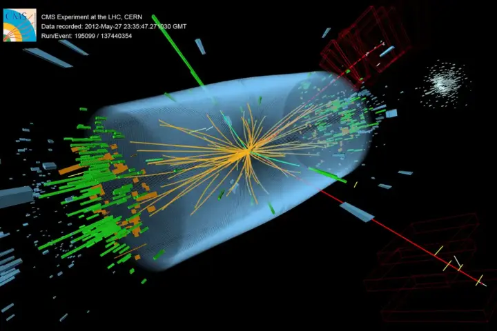 A CMS event display from CERN showing evidence of Higgs boson decay, the research now finding Z-boson quantum entanglement.