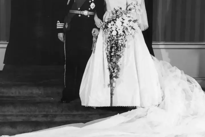 Lady Diana Spencer at her 1981 wedding wearing her bridal hairstyle and Spencer tiara.