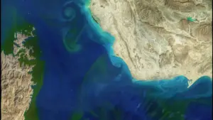 Satellite view of the Strait of Hormuz between Iran and Oman