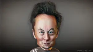 A caricature of Elon Musk, the tech billionaire whose AI ventures and model testing policies face scrutiny.